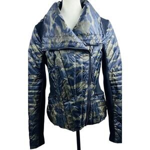 Blanc Noir Sz M Motion Panel Camo Goose Down Hooded Moto Style Puffer Jacket